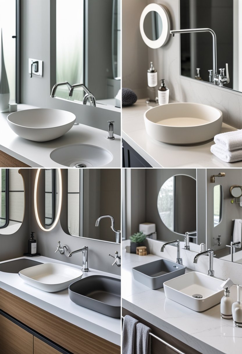 Seven different drop-in bathroom sinks installed on a countertop with faucets and bathroom accessories.