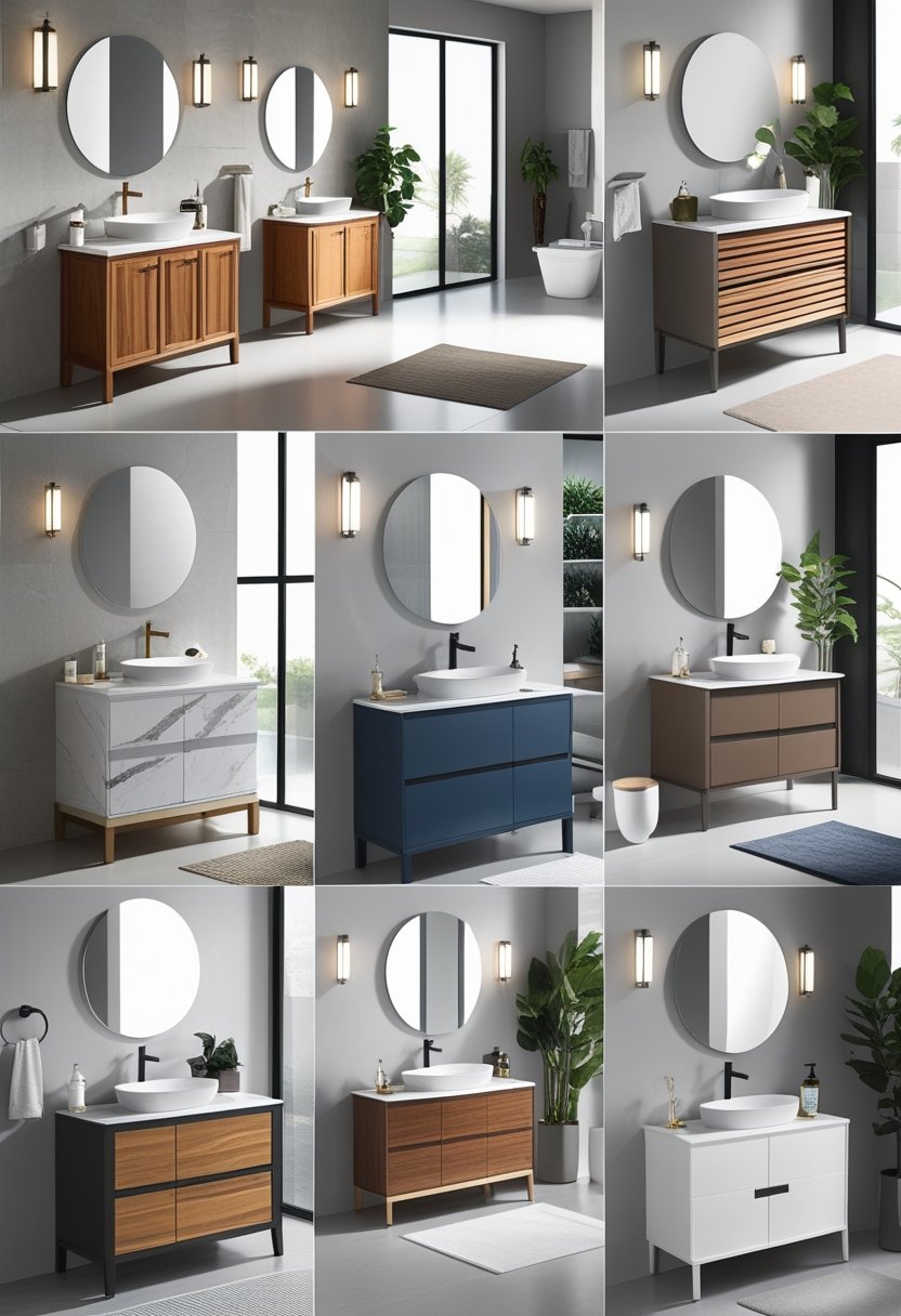 A showroom displaying ten different bathroom sink vanities with various designs and materials arranged neatly in a bright, clean space.