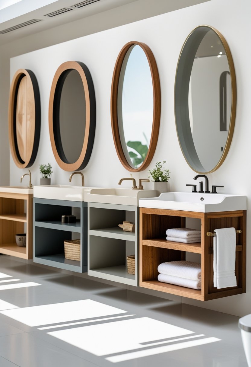 Seven bathroom console sinks with open storage shelves displayed in a bright showroom.