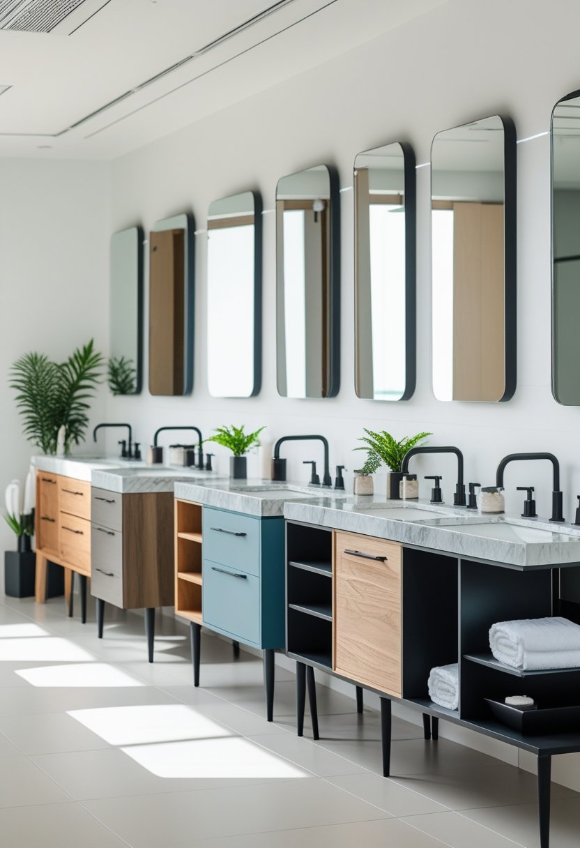 A showroom displaying ten different bathroom sink vanities lined up side by side with various designs and finishes.