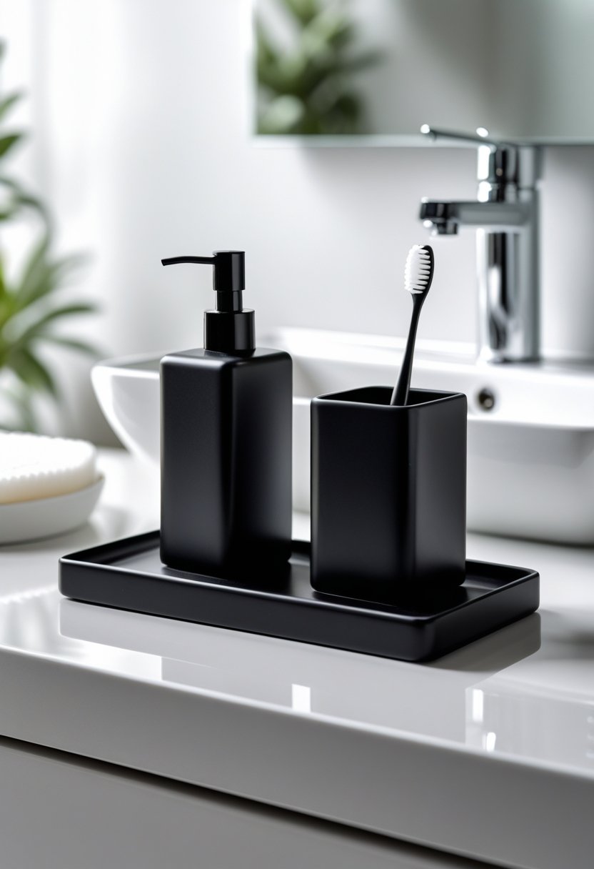 Black soap dispenser and toothbrush holder set placed on a white bathroom countertop.