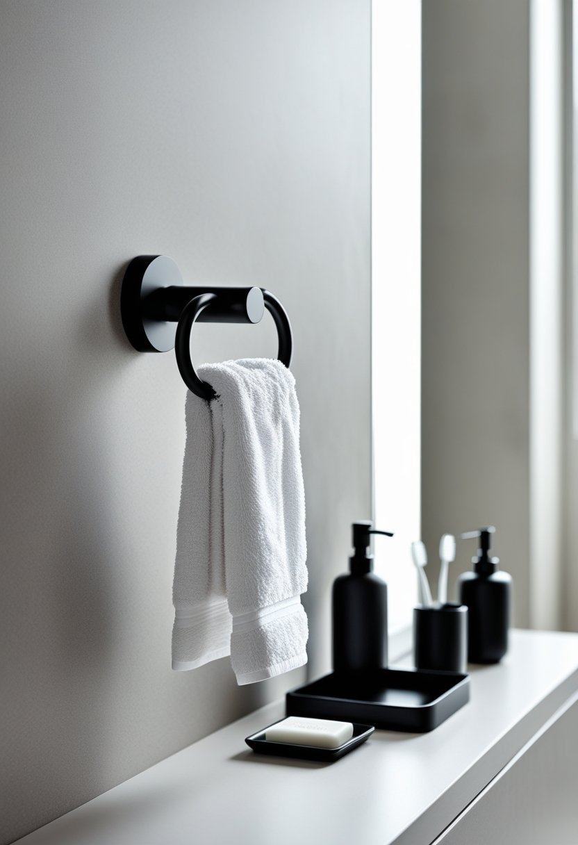 Matte black hand towel holder with a white towel in a clean bathroom with black accessories on a countertop.
