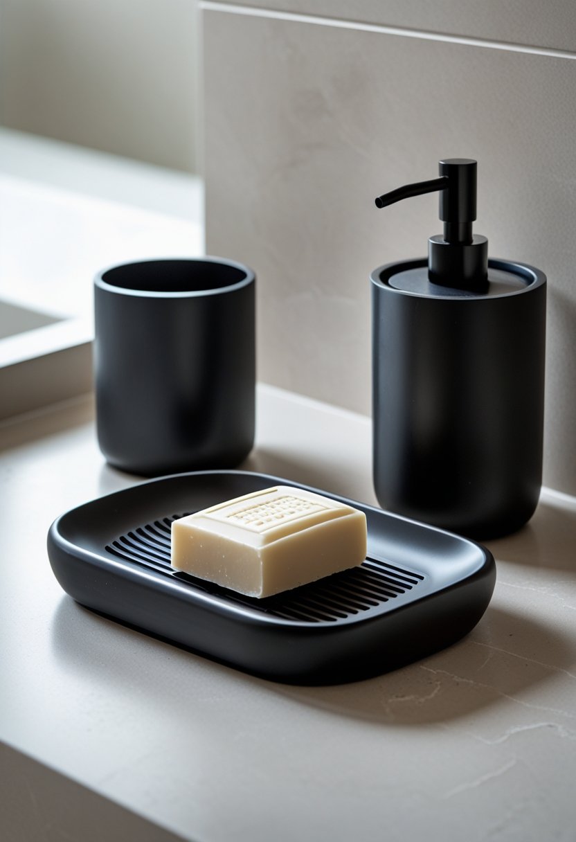 Black resin soap dish holding soap next to a matching black resin wastebasket on a bathroom countertop.