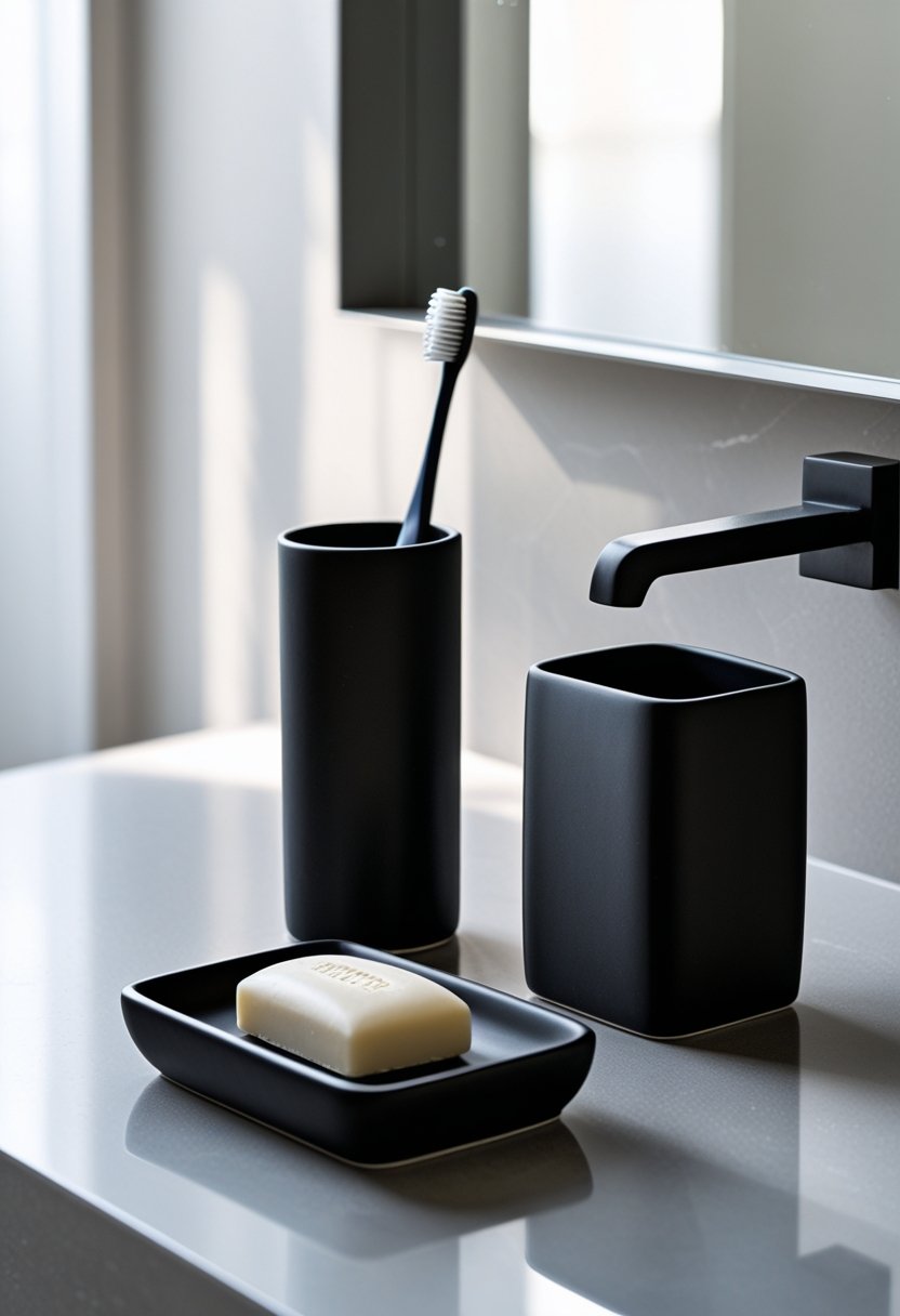 Black ceramic toothbrush cup holding a toothbrush and matching soap dish with soap on a bathroom countertop.