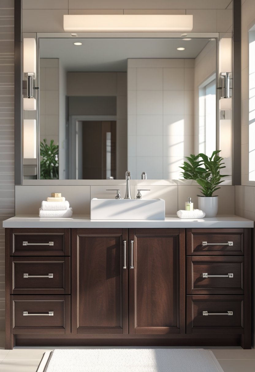 9 Bathroom Sink Cabinets for Stylish and Functional Storage Solutions 10 A bathroom with a single sink vanity and nine cabinets beneath, featuring a white sink, chrome faucet, and a large mirror above.
