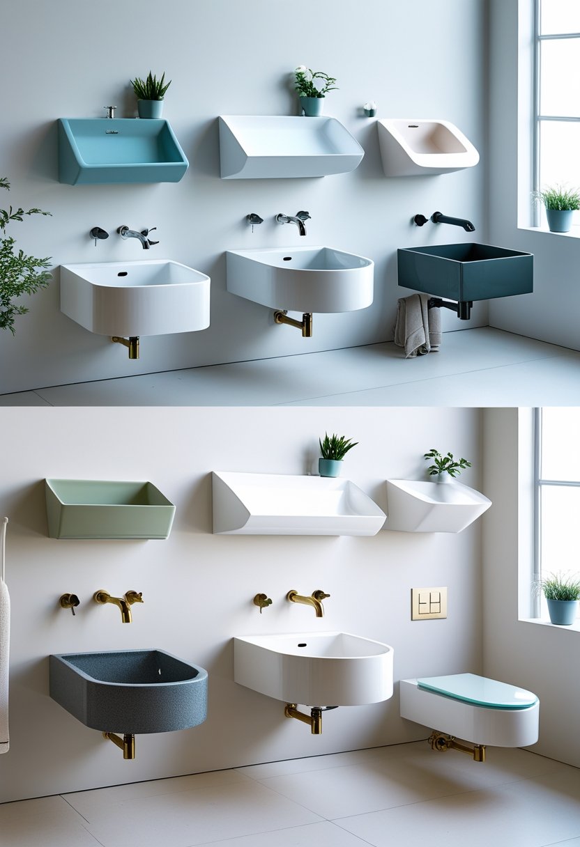 Seven different wall-mounted bathroom sinks displayed on a light wall in a bright showroom.