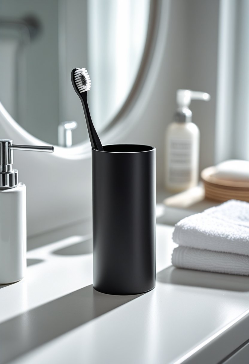 Black metal toothbrush holder on a white bathroom countertop with a sink and bathroom accessories in the background.