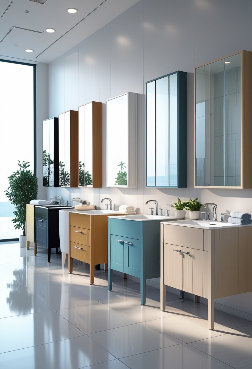 9 Bathroom Sink Cabinets for Stylish and Functional Storage Solutions 11 A showroom displaying nine different bathroom sink cabinets in various sizes and styles arranged side by side.