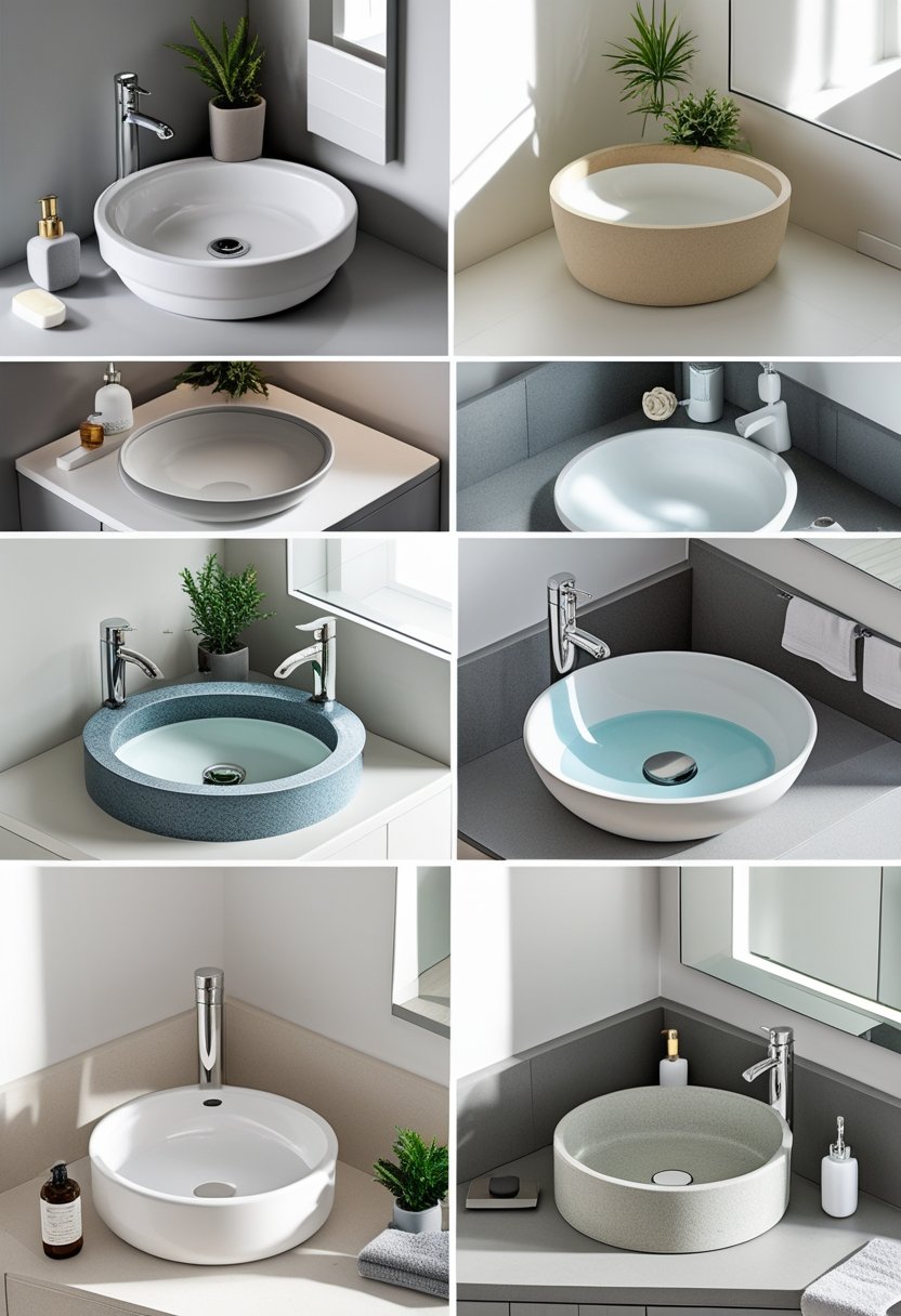 Seven different bathroom corner sinks installed in separate corners, each with a faucet and minimal decor.
