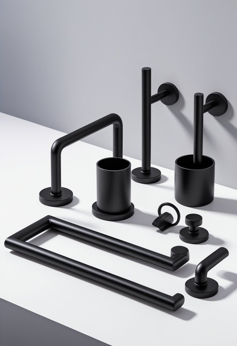 An 8-piece matte black bathroom hardware set arranged on a white surface, including towel bars, hooks, and a toilet paper holder.