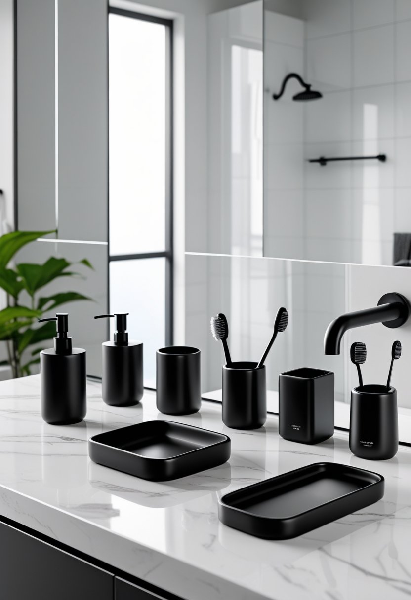 A modern bathroom countertop with eight black bathroom accessories including a soap dispenser, toothbrush holder, tissue box cover, towel hooks, waste bin, soap dish, tray, and faucet.