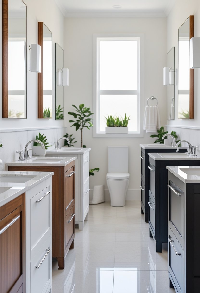 9 Bathroom Sink Cabinets for Stylish and Functional Storage Solutions 12 Nine bathroom sink cabinets of different styles and finishes arranged side by side in a modern bathroom setting.