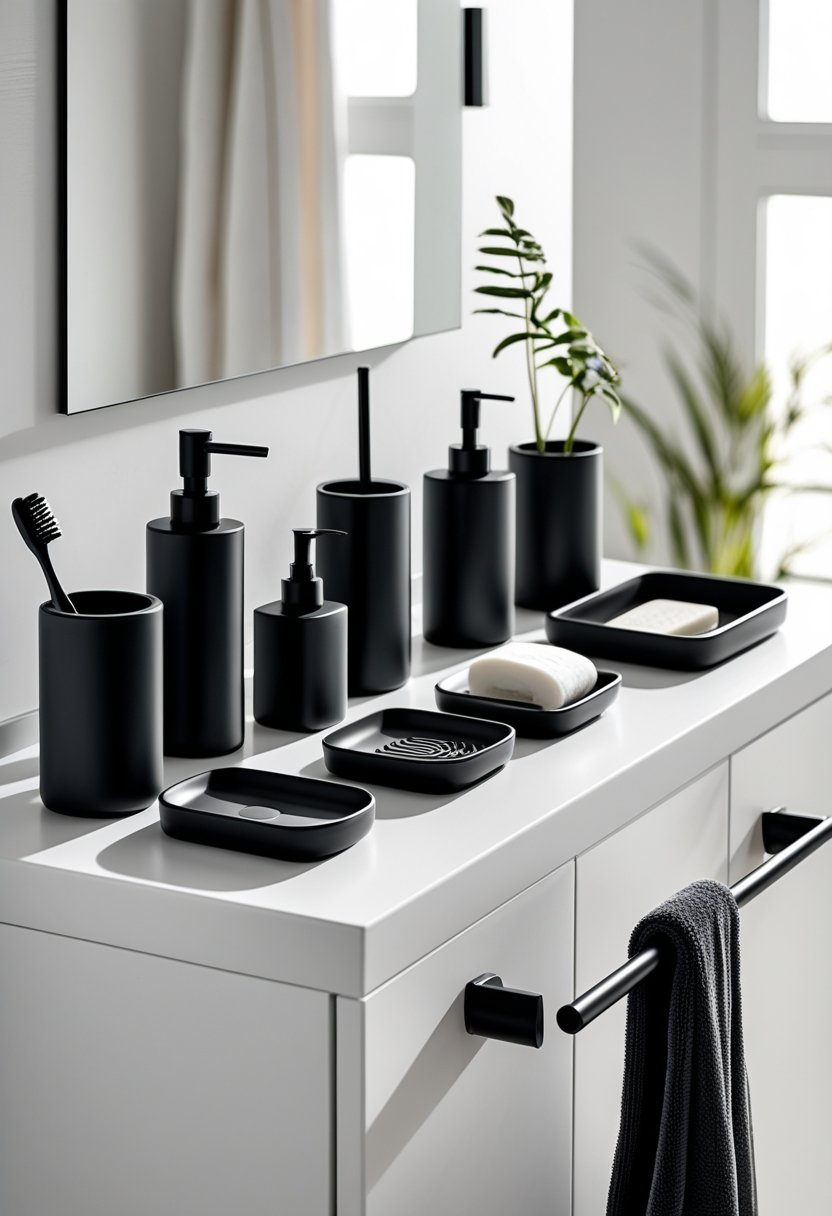 Eight black bathroom accessories arranged on a white countertop in a modern bathroom.