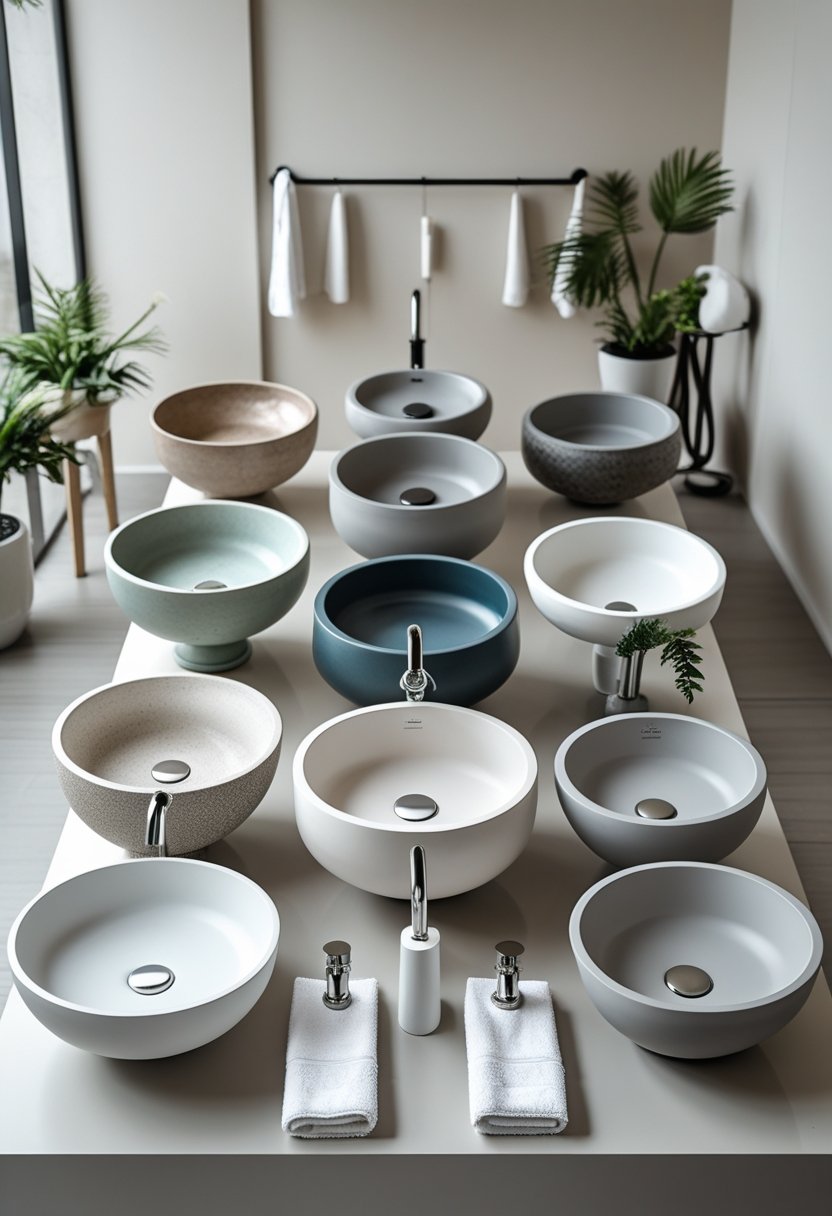 Seven different bathroom sinks displayed side by side on countertops in a bright showroom.