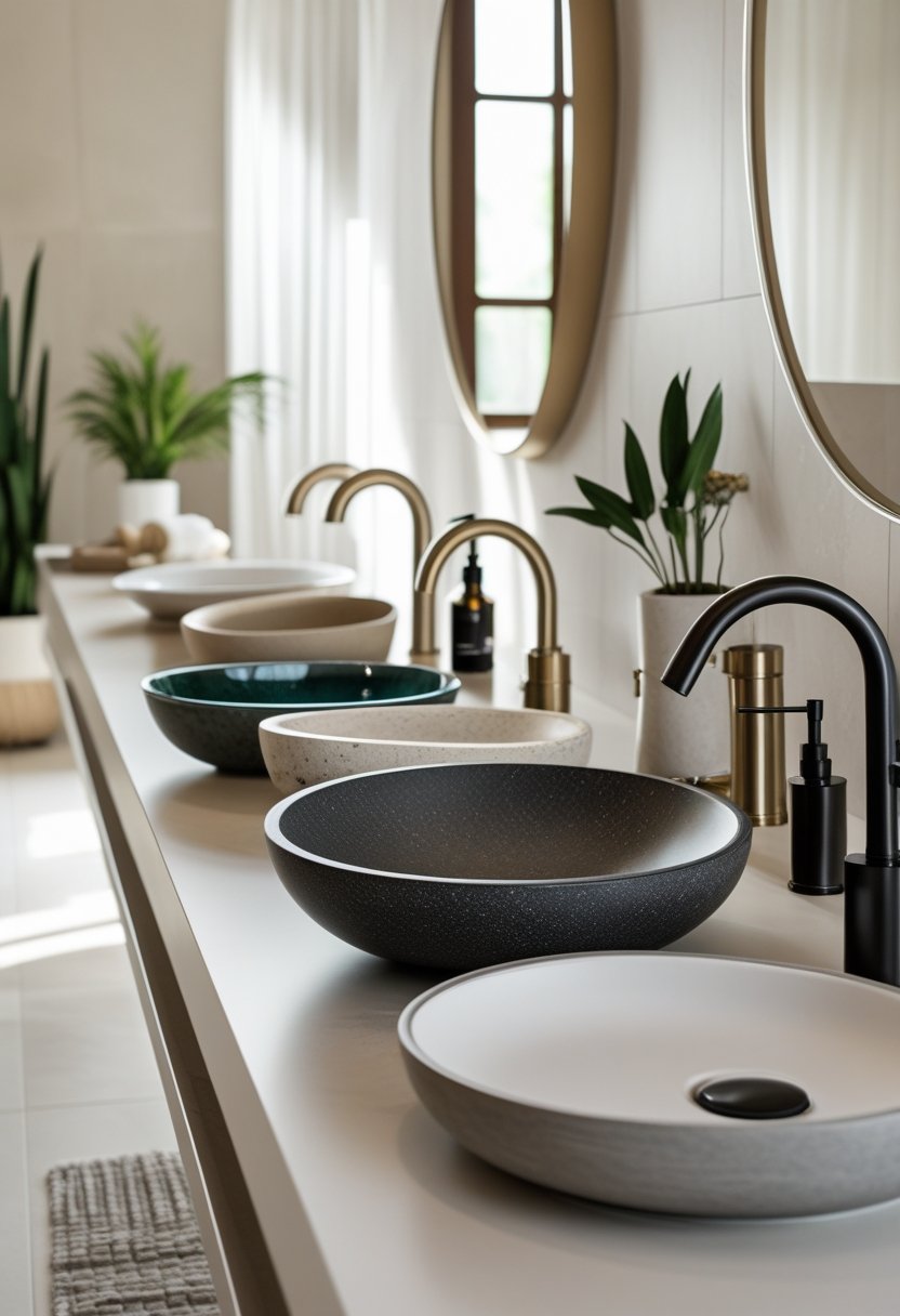 Seven different bathroom sinks displayed side by side on countertops with faucets and small decorative items in a bright bathroom.