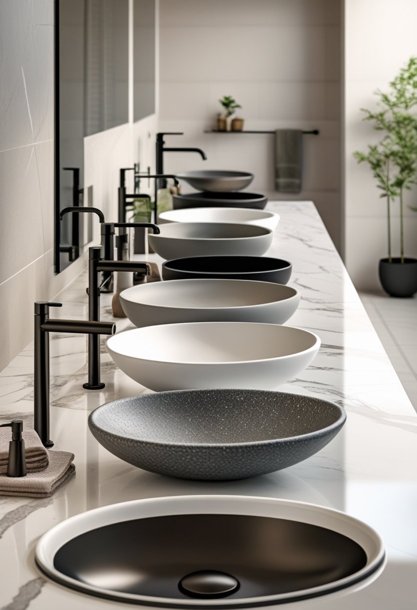 Seven different bathroom sinks displayed side by side on a marble countertop in a clean bathroom setting.