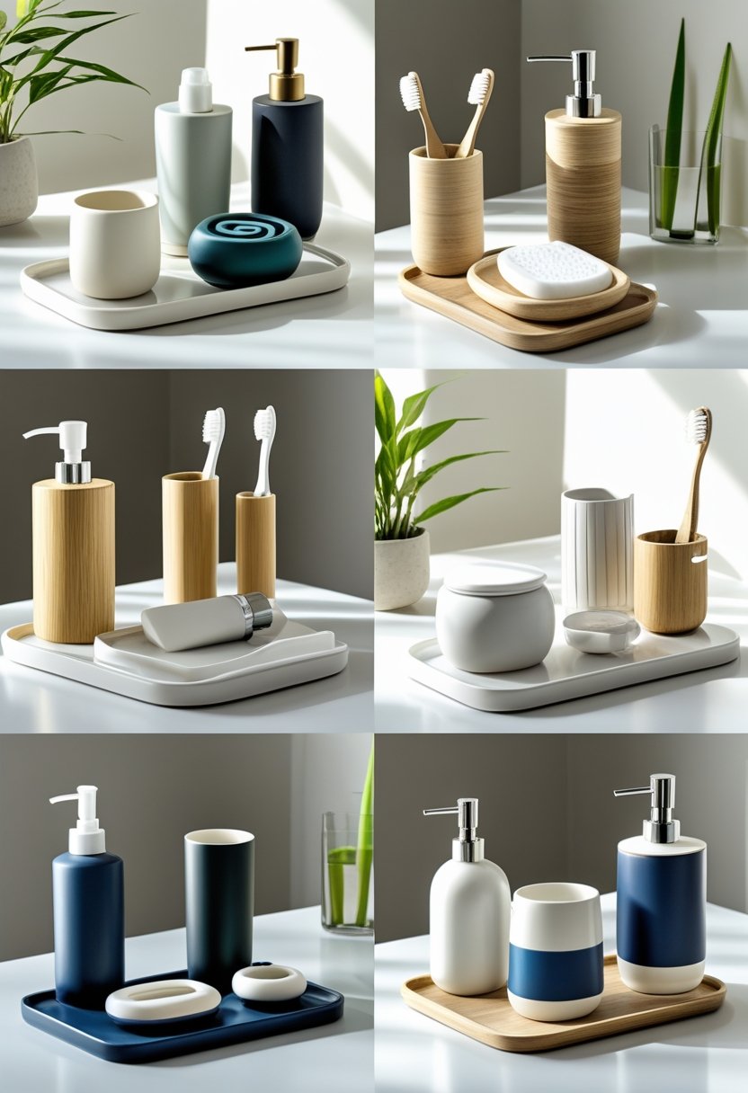 Ten different bathroom accessory sets including soap dispensers, toothbrush holders, and soap dishes arranged neatly on a white surface.
