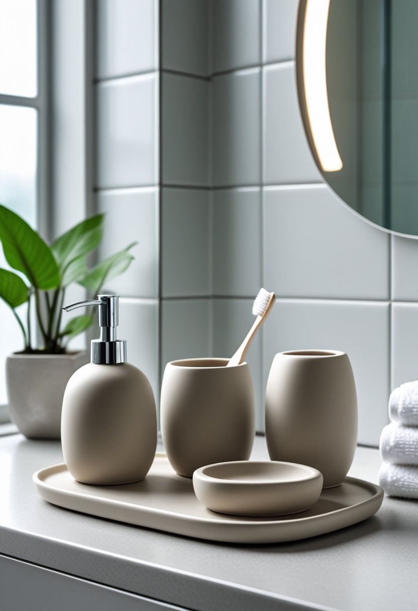 A 3-piece ceramic stoneware bathroom accessory set on a bathroom countertop including a soap dispenser, toothbrush holder, and soap dish.