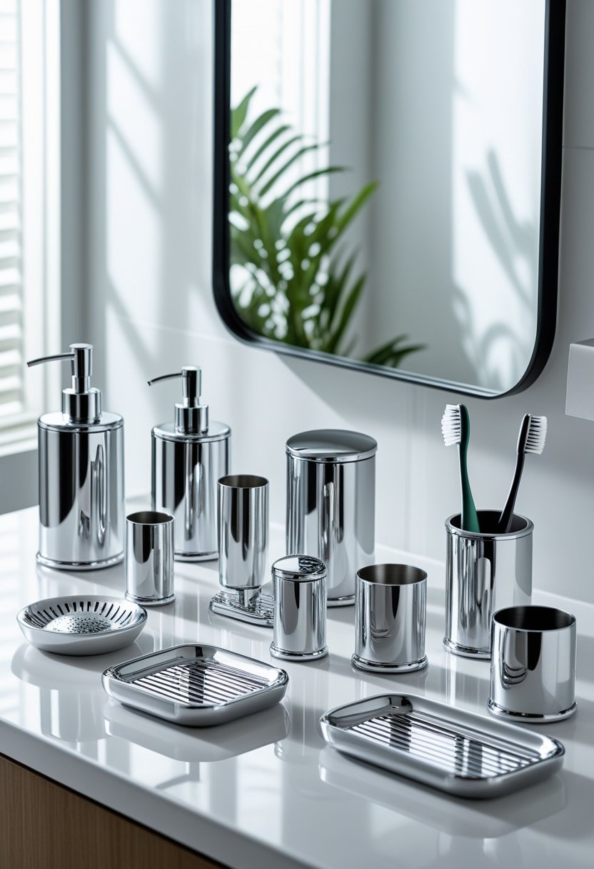 A complete set of ten chrome-finished bathroom accessories arranged on a bathroom countertop.