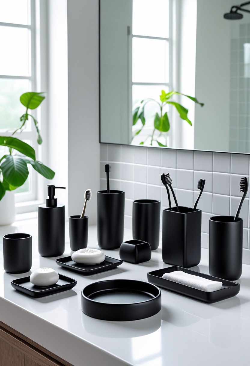 A matte black bathroom accessory set with ten items arranged on a white countertop in a bright bathroom.