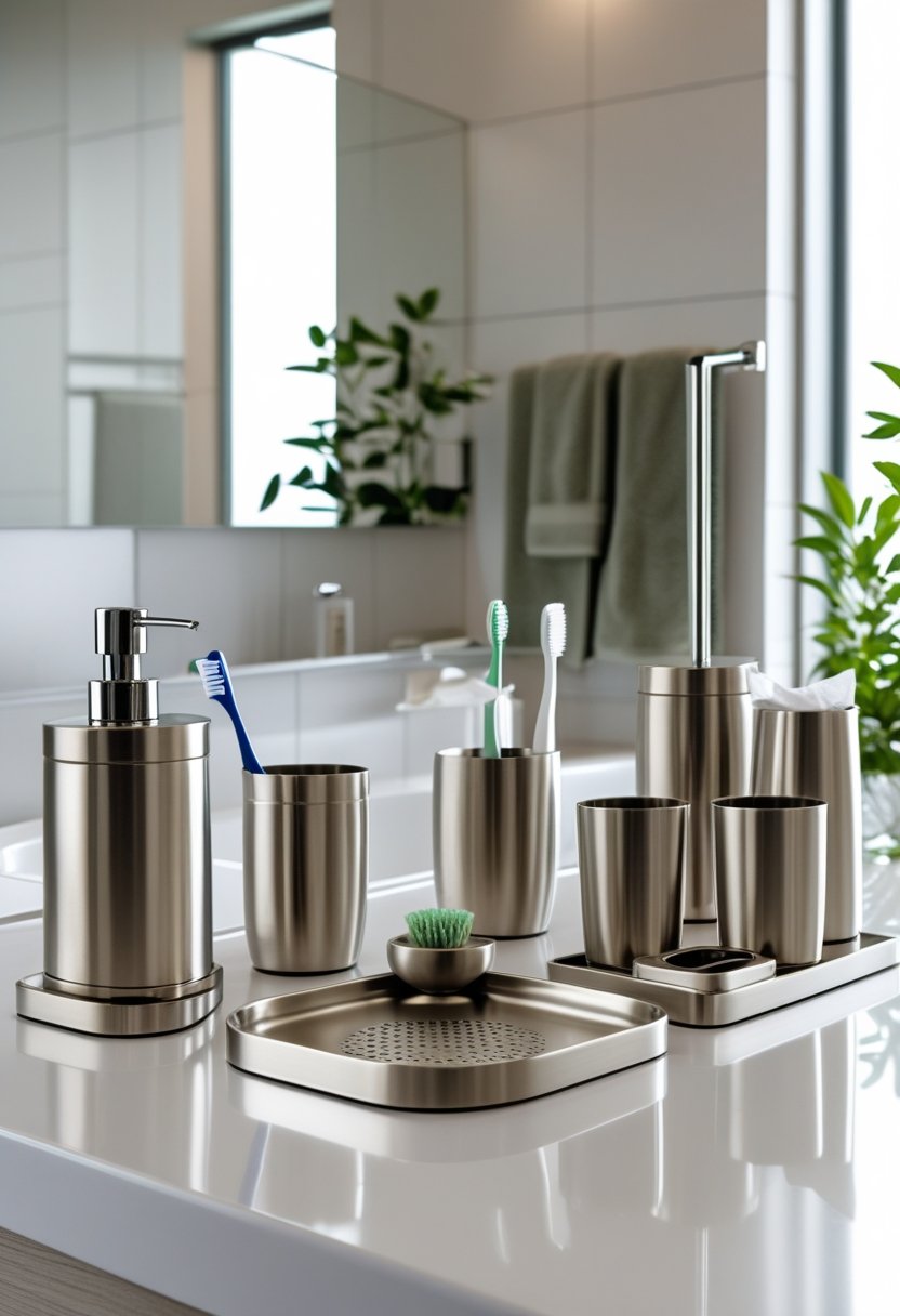 A complete set of 10 metal bathroom accessories arranged on a bathroom countertop with a clean and simple background.