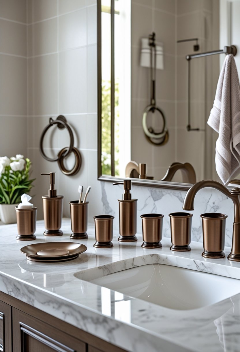 A complete set of brushed bronze bathroom accessories arranged on a marble countertop near a sink in a bathroom.