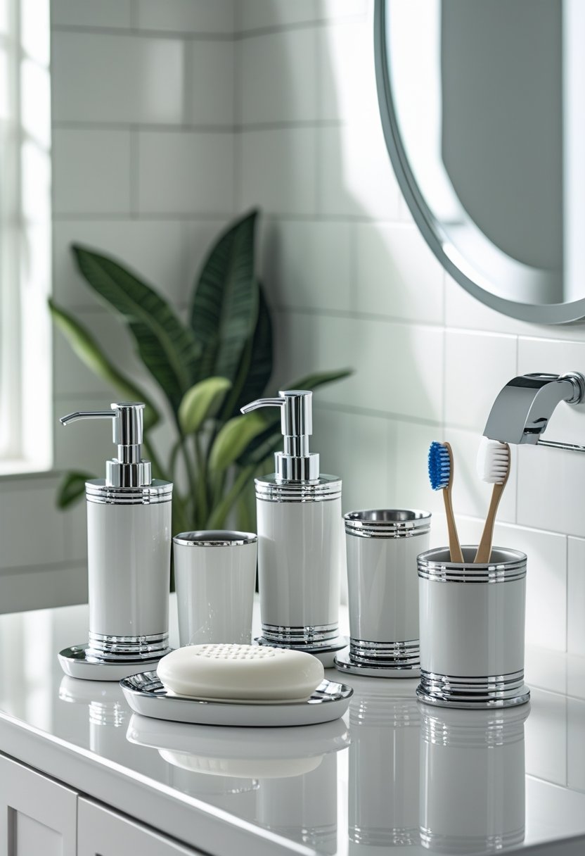 A bathroom countertop displaying a five-piece set of white and chrome bathroom accessories including a soap dispenser, toothbrush holder, tumbler, soap dish, and waste bin.