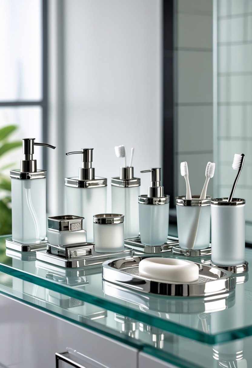 A set of ten bathroom accessories arranged on a glass countertop in a bright bathroom.