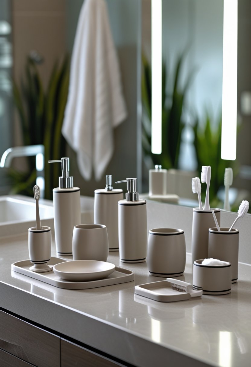 A bathroom countertop displaying a complete set of ten matching bath accessories including soap dispenser, toothbrush holder, soap dish, and tissue box cover.