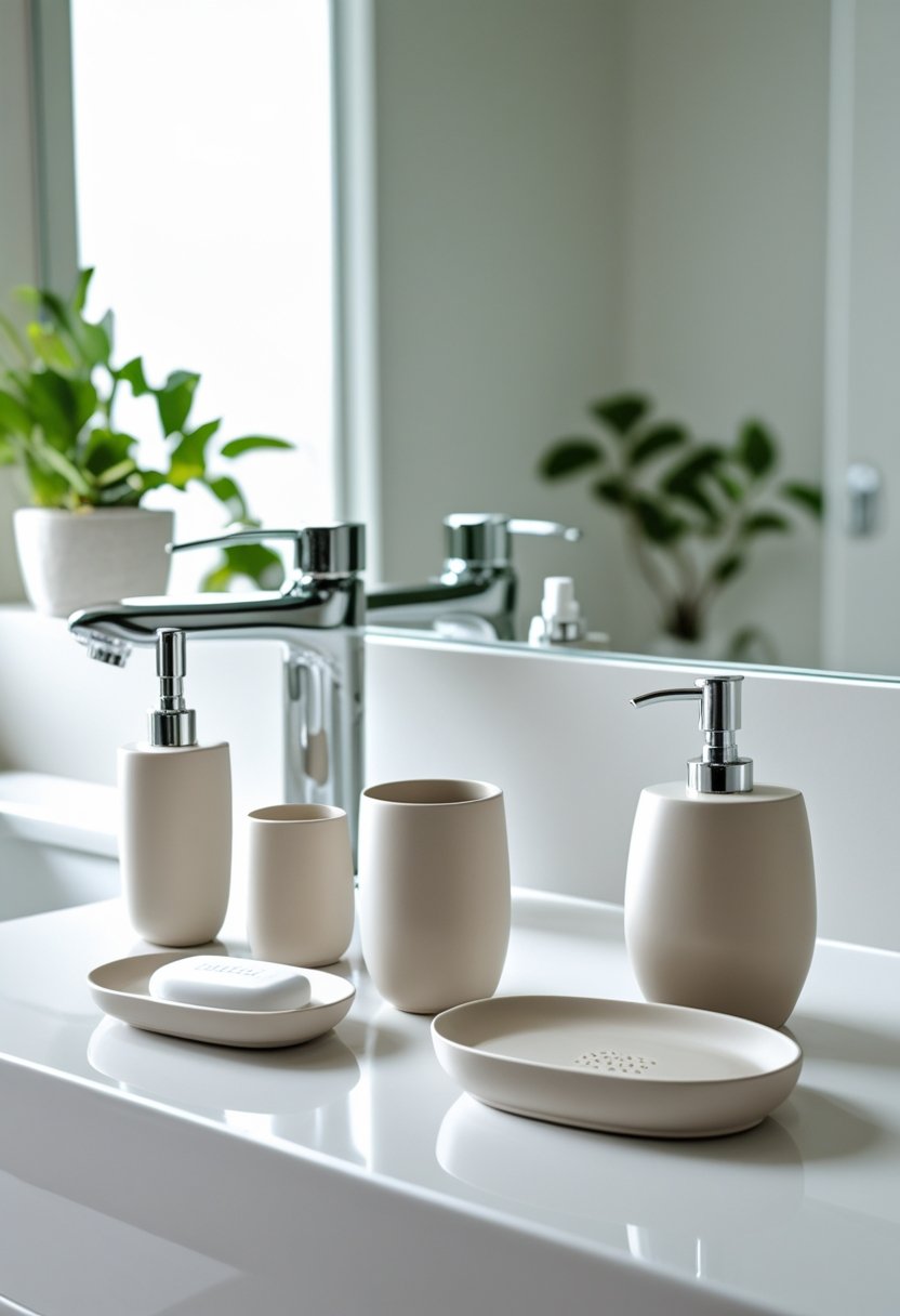 A bathroom countertop displaying a matching four-piece set of soap dispenser, toothbrush holder, tumbler, and soap dish next to a sink with a mirror and a small plant.