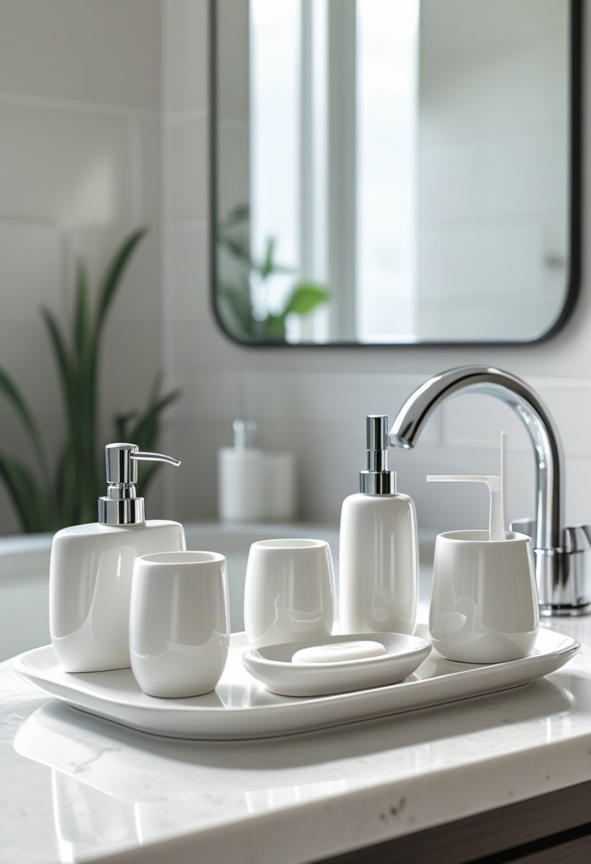 A white ceramic 4-piece bath accessory set arranged on a bathroom countertop with a faucet in the background.