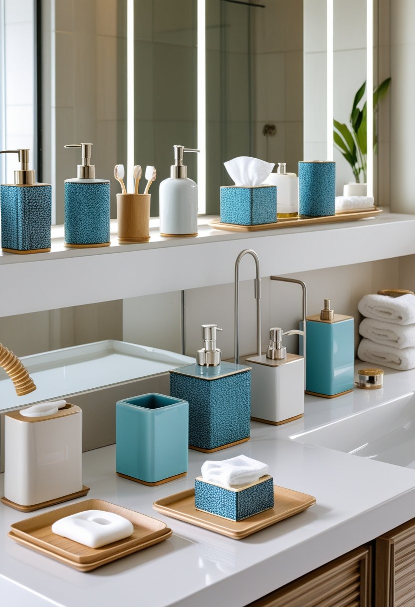 A modern bathroom displaying ten coordinated sets of bathroom accessories arranged neatly on the countertop and shelves.