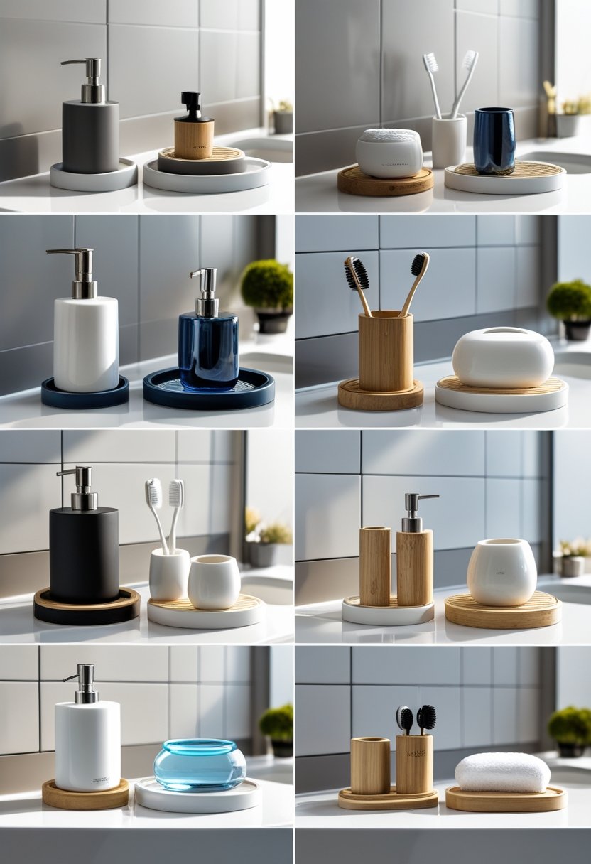 Ten different bathroom accessory sets displayed on a bathroom countertop, including soap dispensers, toothbrush holders, and towel racks made from various materials.