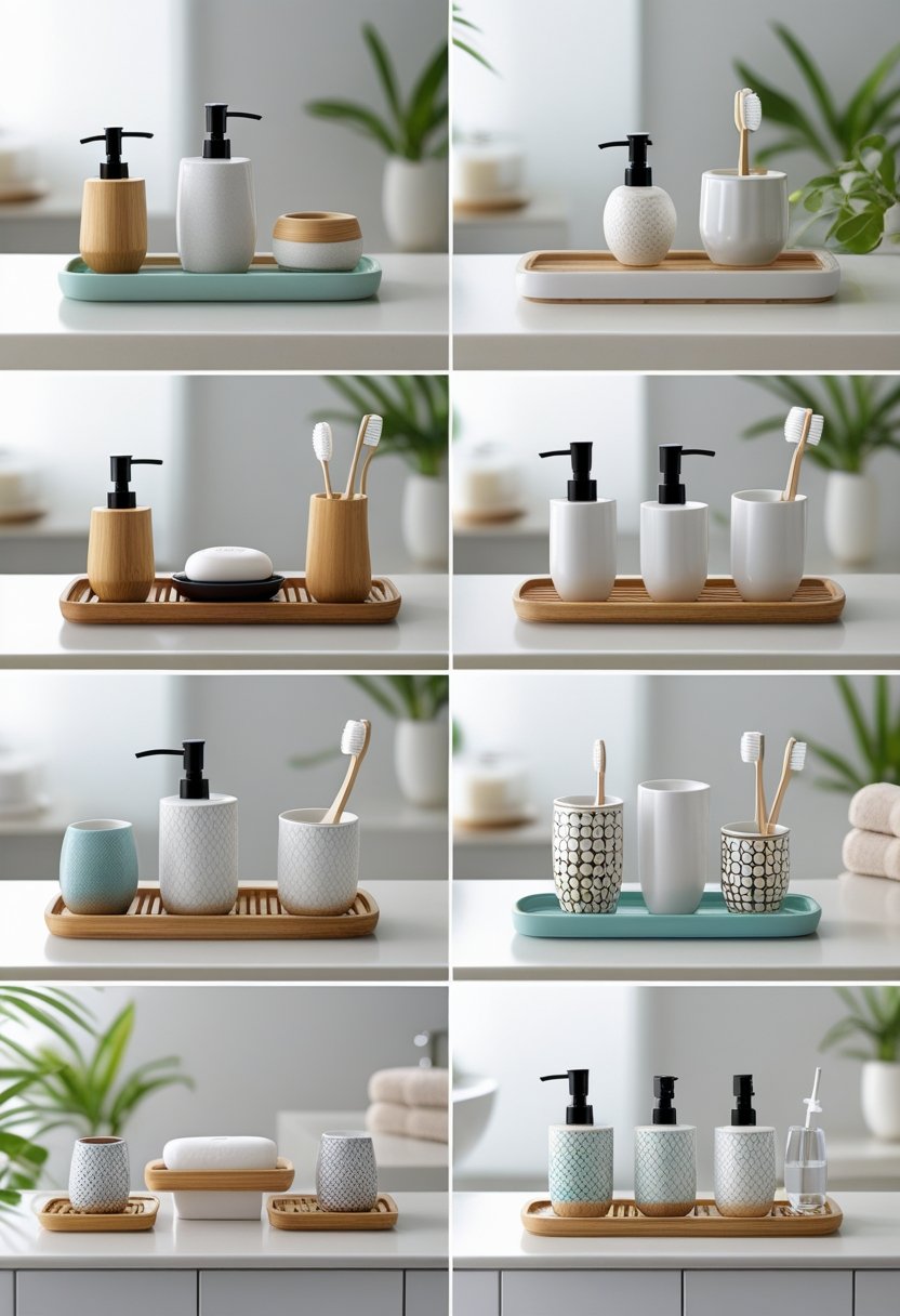 Ten different bathroom accessory sets arranged neatly on a bathroom countertop with soap dispensers, toothbrush holders, and trays in a bright bathroom.