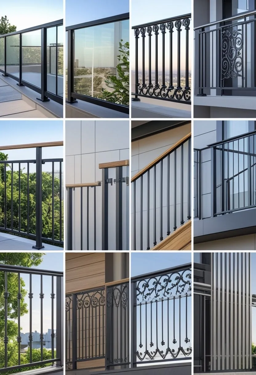 Seven different balcony railings displayed side by side outdoors with a clear sky and buildings in the background.