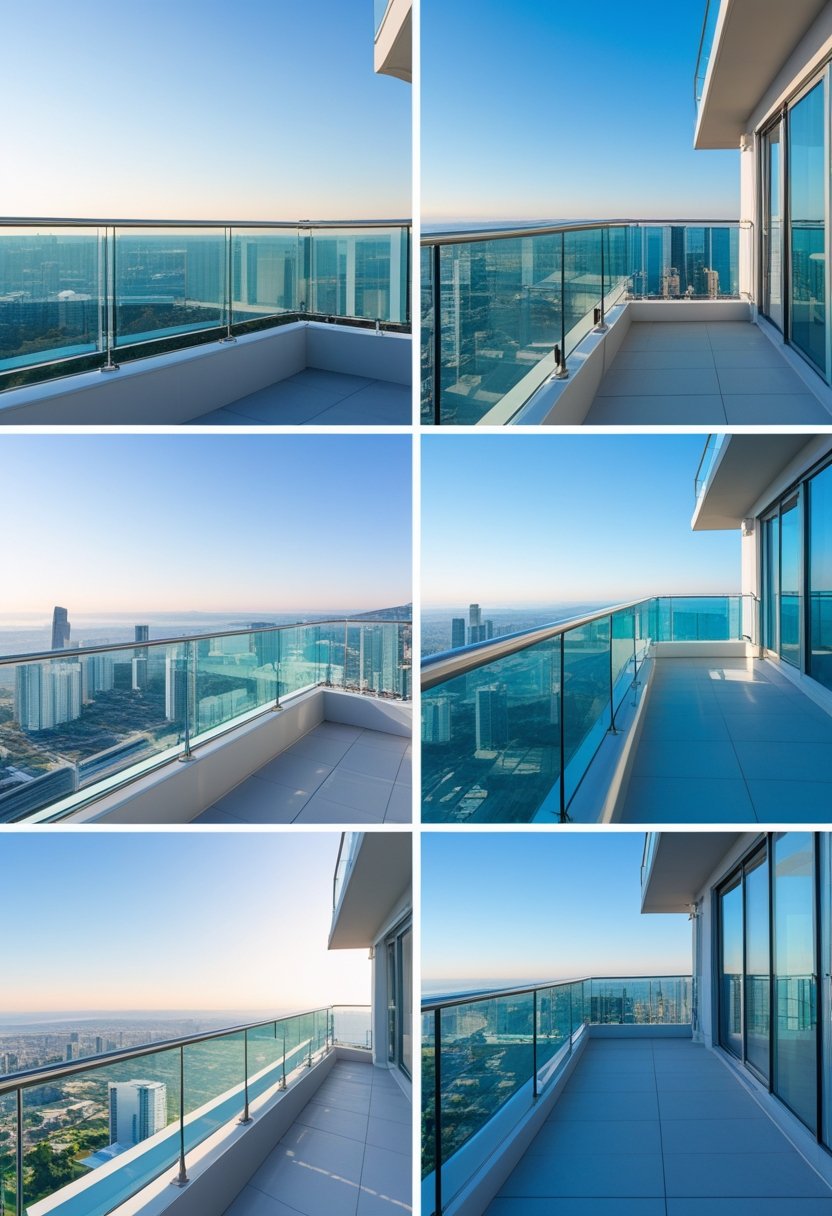 Seven balconies with different glass panel railings overlooking a city skyline under clear skies.