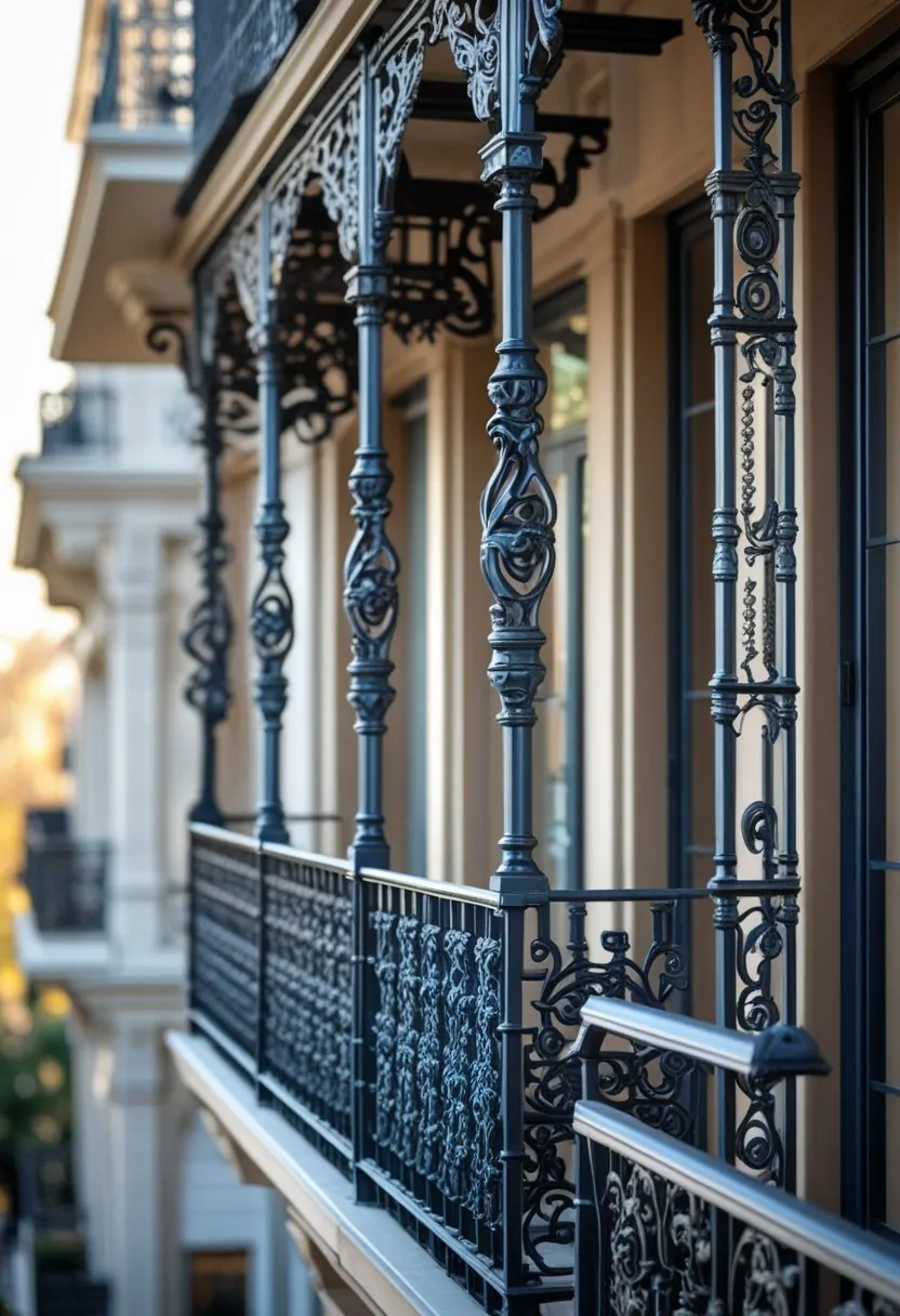 Seven different wrought iron balcony railings with detailed ornamental designs on various buildings.