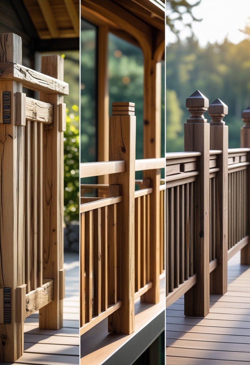 Seven different wooden balcony railings displayed outdoors with a natural background.