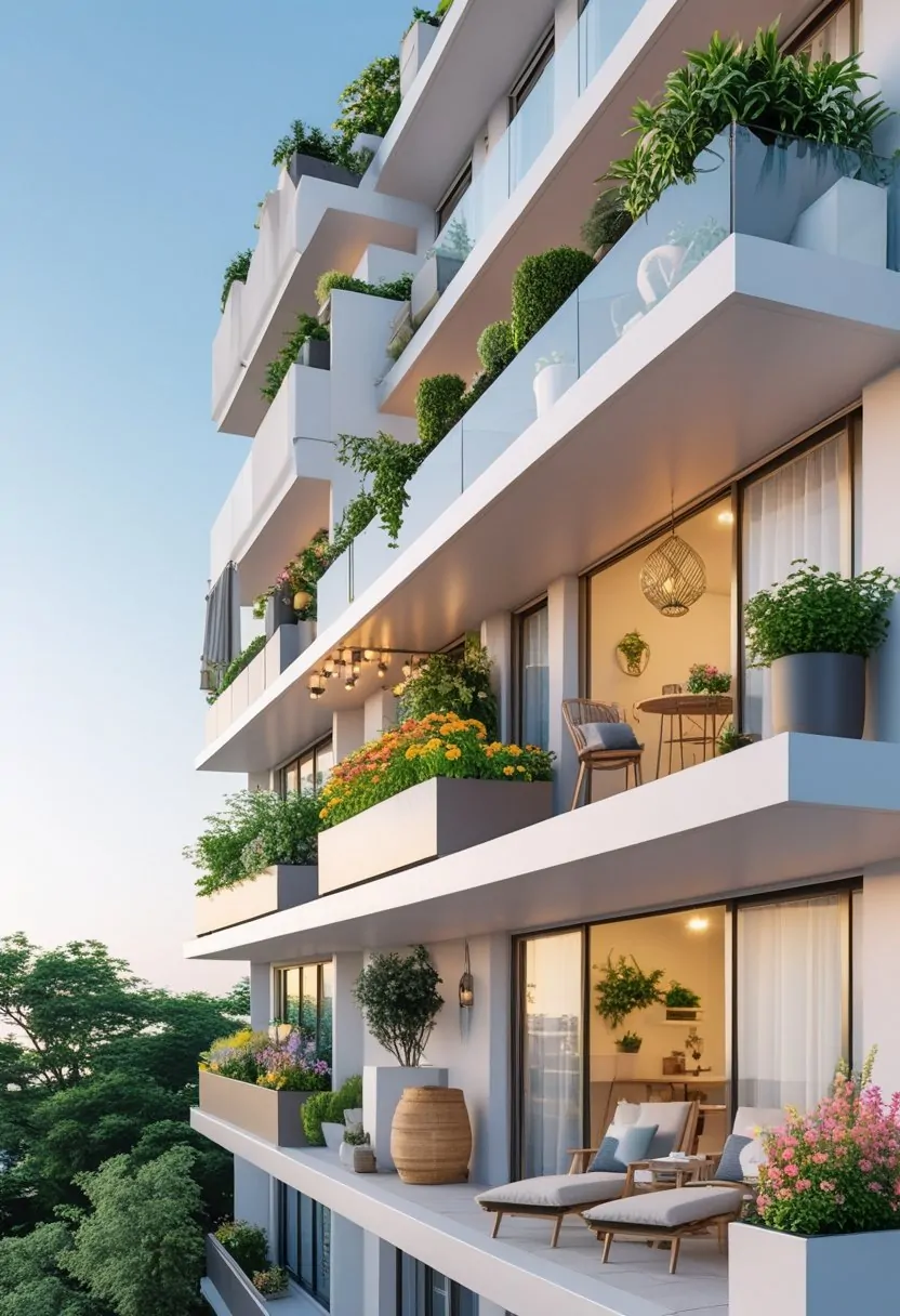 Seven different apartment balconies, each decorated with plants, seating, lighting, and outdoor furniture in various styles.