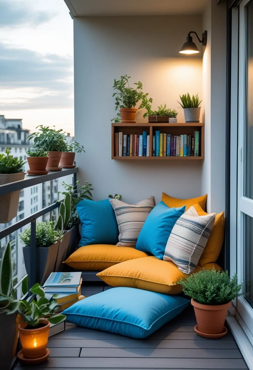 A cozy reading nook on a small apartment balcony with weatherproof cushions and a small bookshelf filled with books.