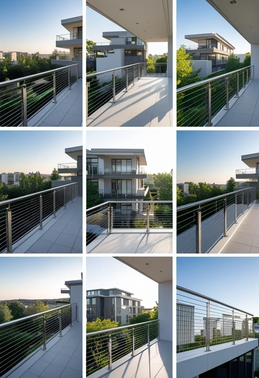 Seven balconies with stainless steel cable railings shown outdoors on residential buildings.