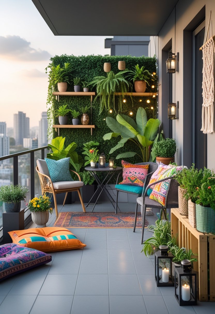 Seven different balconies each decorated with unique furniture, plants, and lighting overlooking a cityscape.
