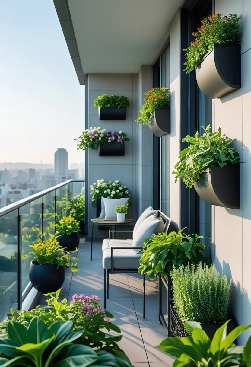 Apartment balcony with vertical planters full of green plants and outdoor seating overlooking a city.