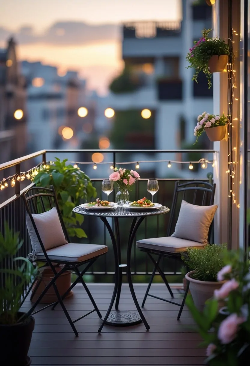A small balcony with a compact bistro table and two chairs surrounded by plants and soft lighting, set up for an intimate meal.