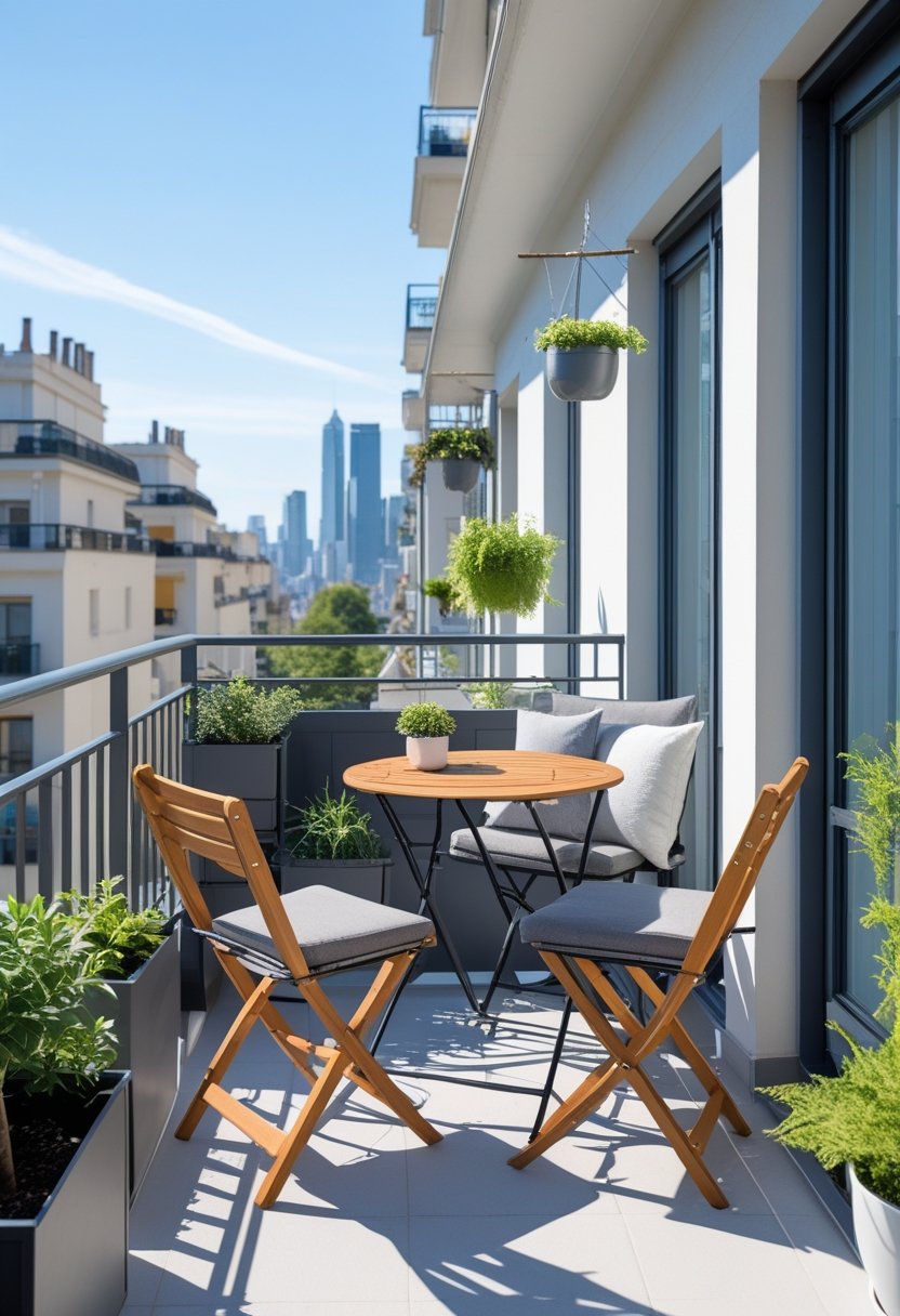 Apartment balcony with foldable bistro table and chairs, plants, and city view.