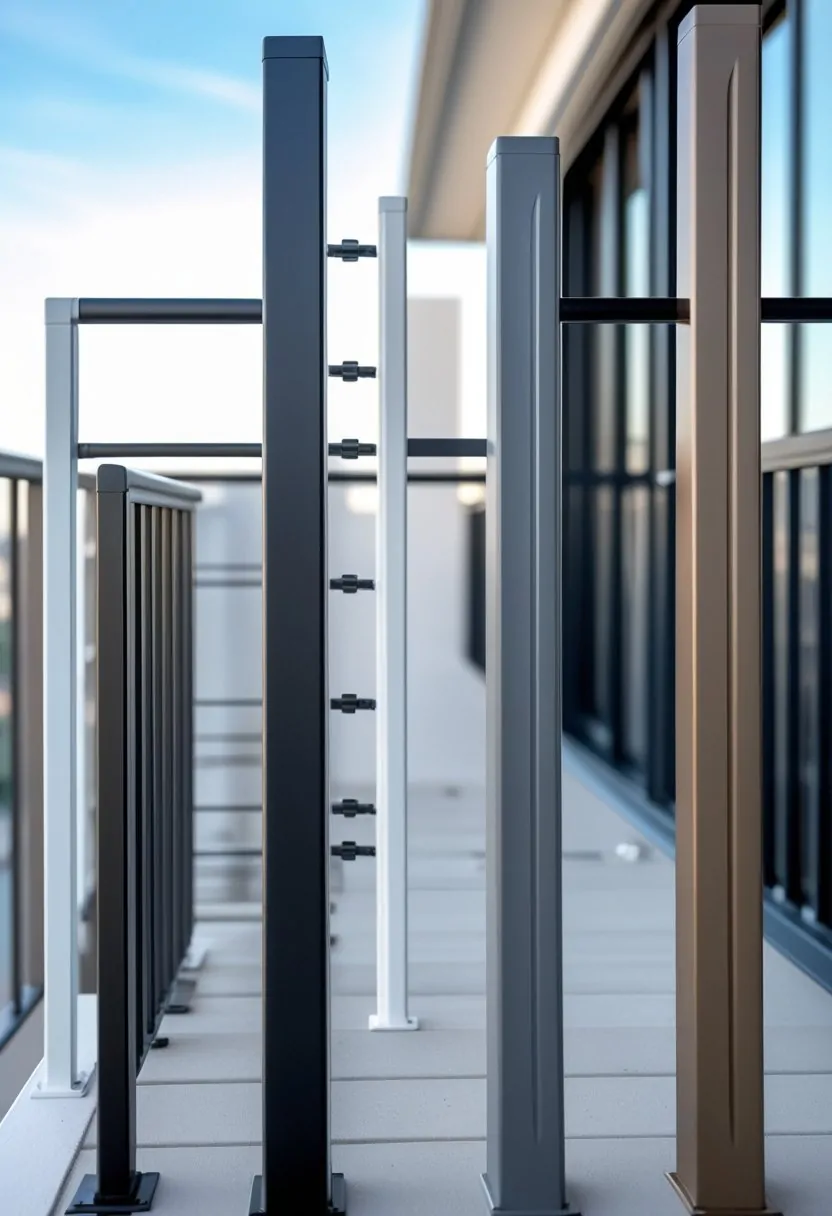 Seven different aluminum balcony railings with powder-coated finishes displayed outdoors on balconies.