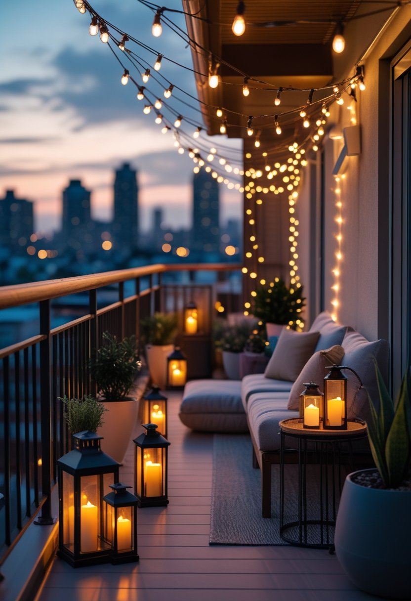 Apartment balcony decorated with string lights and lanterns providing warm ambient lighting at dusk.