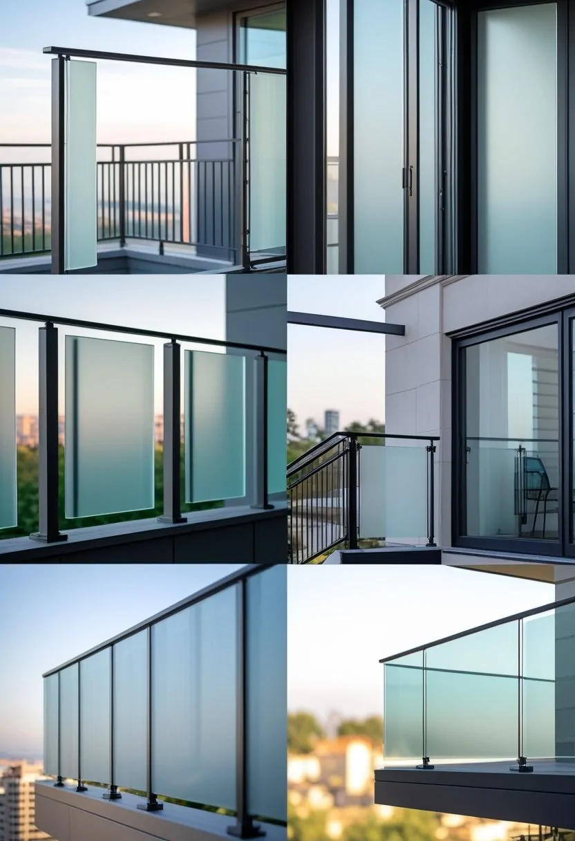 Seven different balcony railings with frosted glass panels shown side by side on outdoor balconies.