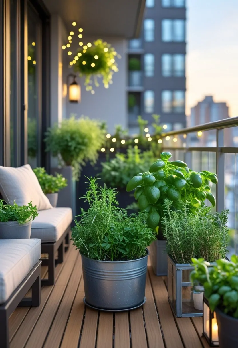 A modern apartment balcony with a small herb garden containing basil, rosemary, thyme, and mint in pots, with seating and city buildings in the background.