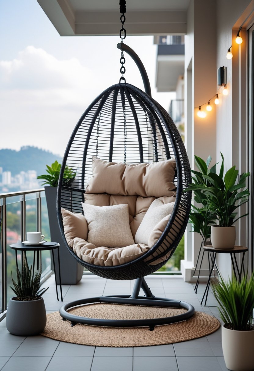 A hanging egg chair on a balcony with cushions, surrounded by plants and a small table, overlooking a scenic view.